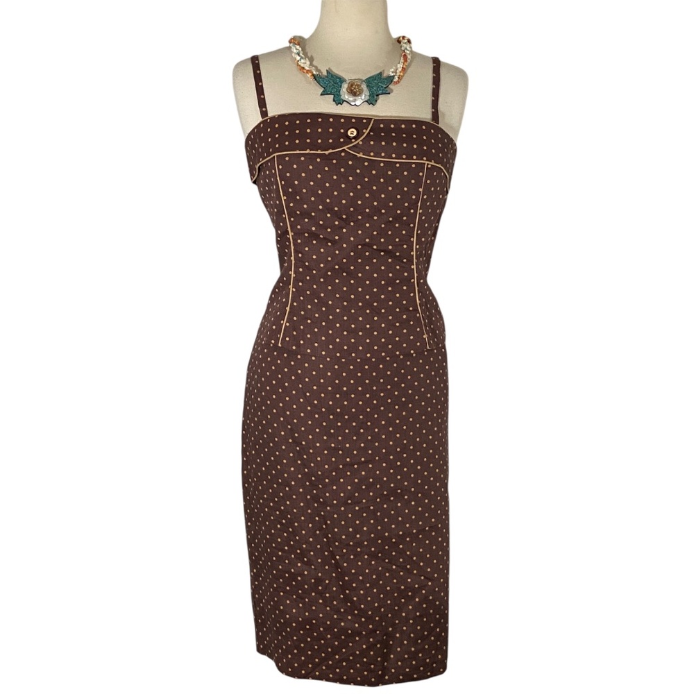 NEW Brown Polka Dot Linen 2 Pc Dress Cocktail Pencil Wiggle 2 Friends NWT Sz 12